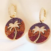 Renkli Zirkon Taşlı Palmiye Gold Kaplama Gümüş Küpe thumbnail 2