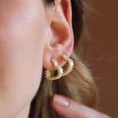 Kalp Baget Taşlı Gold Kaplama Gümüş Küpe thumbnail 3