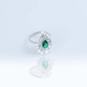 Kök Zümrüt Taşlı Damla Modeli İnci Gümüş Yüzük thumbnail 4