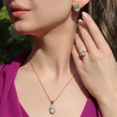 Oval Kesim Tek Taş Model Rose Gold Kaplama 925 Ayar Gümüş Sky Diamond Set thumbnail 1