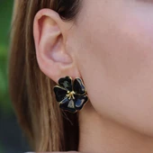 Siyah Mine İşli Gold Kaplama Çiçek Gümüş Küpe thumbnail 3