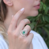 Kök Zümrüt Taşlı Damla Modeli İnci Gümüş Yüzük thumbnail 3