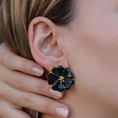 Siyah Mine İşli Gold Kaplama Çiçek Gümüş Küpe thumbnail 4