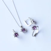 Lotus Çiçeği Ametist Taşlı Gümüş Set thumbnail 5