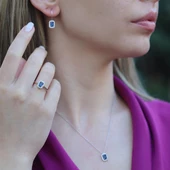 Kök Safir Taşlı Baget Gümüş Takım - 1