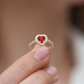 Kalp Pndr Model Kırmızı Zirkon Taşlı Gold Gümüş Yüzük thumbnail 4