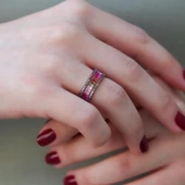 Renkli Zirkon Taşlı Baget Kesim Gümüş Tamtur Yüzük thumbnail 2