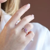 Pndr İki Kalp Pembe Zirkon Taşlı Gümüş Yüzük thumbnail 3
