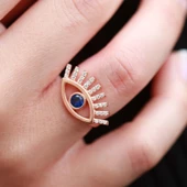 Mavi Göz Zirkon Taşlı Ayarlanabilir Rose Gold Kaplama Gümüş Yüzük thumbnail 2