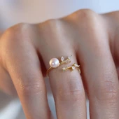 Zirkon Taşlı İnci ve Sarmaşık Minimal 925 Ayar Gümüş Gold Kaplama Yüzük thumbnail 4