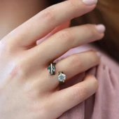 Mistik Topaz ve Zirkon Taşlı 2'li Yuvarlak Gold Çizgili Ayarlanabilir Gümüş Yüzük thumbnail 1