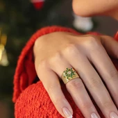 Yeşil Kutup Yıldızı Zirkon Taşlı Gold Kaplama Ayarlanabilir Gümüş Yüzük thumbnail 2