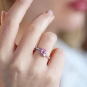 Pndr İki Kalp Pembe Zirkon Taşlı Gümüş Yüzük thumbnail 1