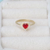 Kalp Pndr Model Kırmızı Zirkon Taşlı Gold Gümüş Yüzük thumbnail 3