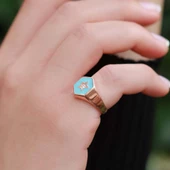 Yıldız Modeli Mavi Mine İşli Rose Gold Kaplama Ayarlanabilir Gümüş Yüzük thumbnail 2