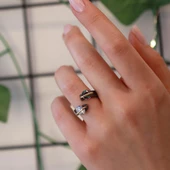 Mistik Topaz ve Zirkon Taşlı 2'li Yuvarlak Gold Çizgili Ayarlanabilir Gümüş Yüzük thumbnail 3