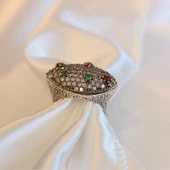 Kök Zümrüt Kök Yakut Zirkon Taşlı Otantik Işıltılı Badem Gümüş Yüzük - 2