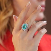 Oval Pırıltılı Paraiba Taşlı Gümüş Yüzük thumbnail 5