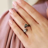 Mistik Topaz ve Zirkon Taşlı 2'li Yuvarlak Gold Çizgili Ayarlanabilir Gümüş Yüzük thumbnail 2