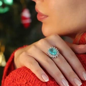 Oval Pırıltılı Paraiba Taşlı Gümüş Yüzük thumbnail 1