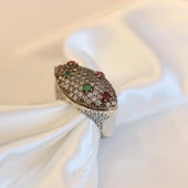 Kök Zümrüt Kök Yakut Zirkon Taşlı Otantik Işıltılı Badem Gümüş Yüzük - 1