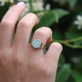 Yıldız Modeli Mavi Mine İşli Rose Gold Kaplama Ayarlanabilir Gümüş Yüzük thumbnail 3