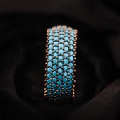 Pırlanta Montür Rose Kaplama 5 Sıra Turkuaz Tamtur Gümüş Yüzük thumbnail 1