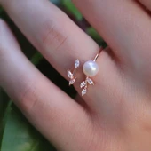 Zirkon Taşlı İnci ve Sarmaşık Minimal 925 Ayar Gümüş Rosegold Kaplama Yüzük - 1