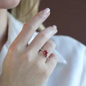 Pndr İki Kalp Kırmızı Zirkon Taşlı Gümüş Yüzük thumbnail 4