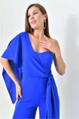 Dipmoda kadın saks mavisi kuşaklı straplez abiye tulum DPS9355 - 3