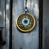 Lale desenli Altın Rengi Nazar Boncuklu Füzyon Cam Duvar Dekoru thumbnail 4