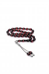 Pres Kehribar Tesbih Yuvarlak Kesim Sürmeli Kırmızı Renkli Metal Püsküllü - 1