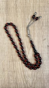 Pres Kehribar Tesbih Yuvarlak Kesim Sürmeli Kırmızı Renkli Metal Püsküllü - 4