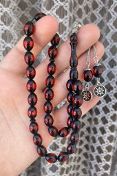 Pres Kehribar Tesbih Yuvarlak Kesim Sürmeli Kırmızı Renkli Metal Püsküllü - 5