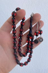 Pres Kehribar Tesbih Yuvarlak Kesim Sürmeli Kırmızı Renkli Metal Püsküllü - 6