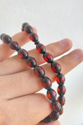 Pres Kehribar Tesbih Yuvarlak Kesim Sürmeli Kırmızı Renkli Metal Püsküllü - 8