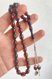 Pres Kehribar Tesbih Yuvarlak Kesim Sürmeli Kırmızı Renkli Metal Püsküllü - 9