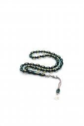 Çift Renkli  Yeşil Sarı Sürmeli Kehribar Tesbih Metal Püsküllü Misbah Misbaha Rosary Zikr - 1