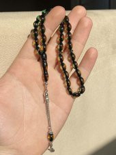 Çift Renkli  Yeşil Sarı Sürmeli Kehribar Tesbih Metal Püsküllü Misbah Misbaha Rosary Zikr - 2