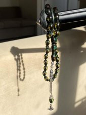 Çift Renkli  Yeşil Sarı Sürmeli Kehribar Tesbih Metal Püsküllü Misbah Misbaha Rosary Zikr - 3