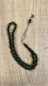Çift Renkli  Yeşil Sarı Sürmeli Kehribar Tesbih Metal Püsküllü Misbah Misbaha Rosary Zikr - 4
