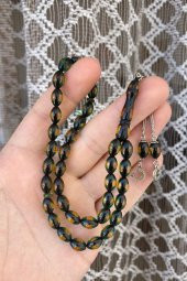 Çift Renkli  Yeşil Sarı Sürmeli Kehribar Tesbih Metal Püsküllü Misbah Misbaha Rosary Zikr - 5