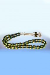 Çift Renkli  Yeşil Sarı Sürmeli Kehribar Tesbih Metal Püsküllü Misbah Misbaha Rosary Zikr - 7
