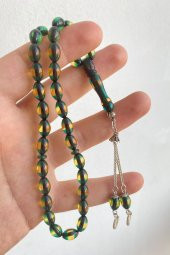 Çift Renkli  Yeşil Sarı Sürmeli Kehribar Tesbih Metal Püsküllü Misbah Misbaha Rosary Zikr - 9