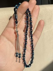 Çift Renkli Parlament Mavisi Sürmeli Kehribar Tesbih Metal Püsküllü Misbah Misbaha Rosary Zikr - 2