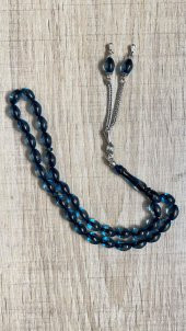 Çift Renkli Parlament Mavisi Sürmeli Kehribar Tesbih Metal Püsküllü Misbah Misbaha Rosary Zikr - 4