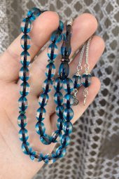 Çift Renkli Parlament Mavisi Sürmeli Kehribar Tesbih Metal Püsküllü Misbah Misbaha Rosary Zikr - 5