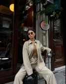 Süet Gömlek Palazzo Pantolon İkili Takım - Bej - 2