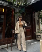 Süet Gömlek Palazzo Pantolon İkili Takım - Bej - 4