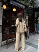 Süet Gömlek Palazzo Pantolon İkili Takım - Bej - 5